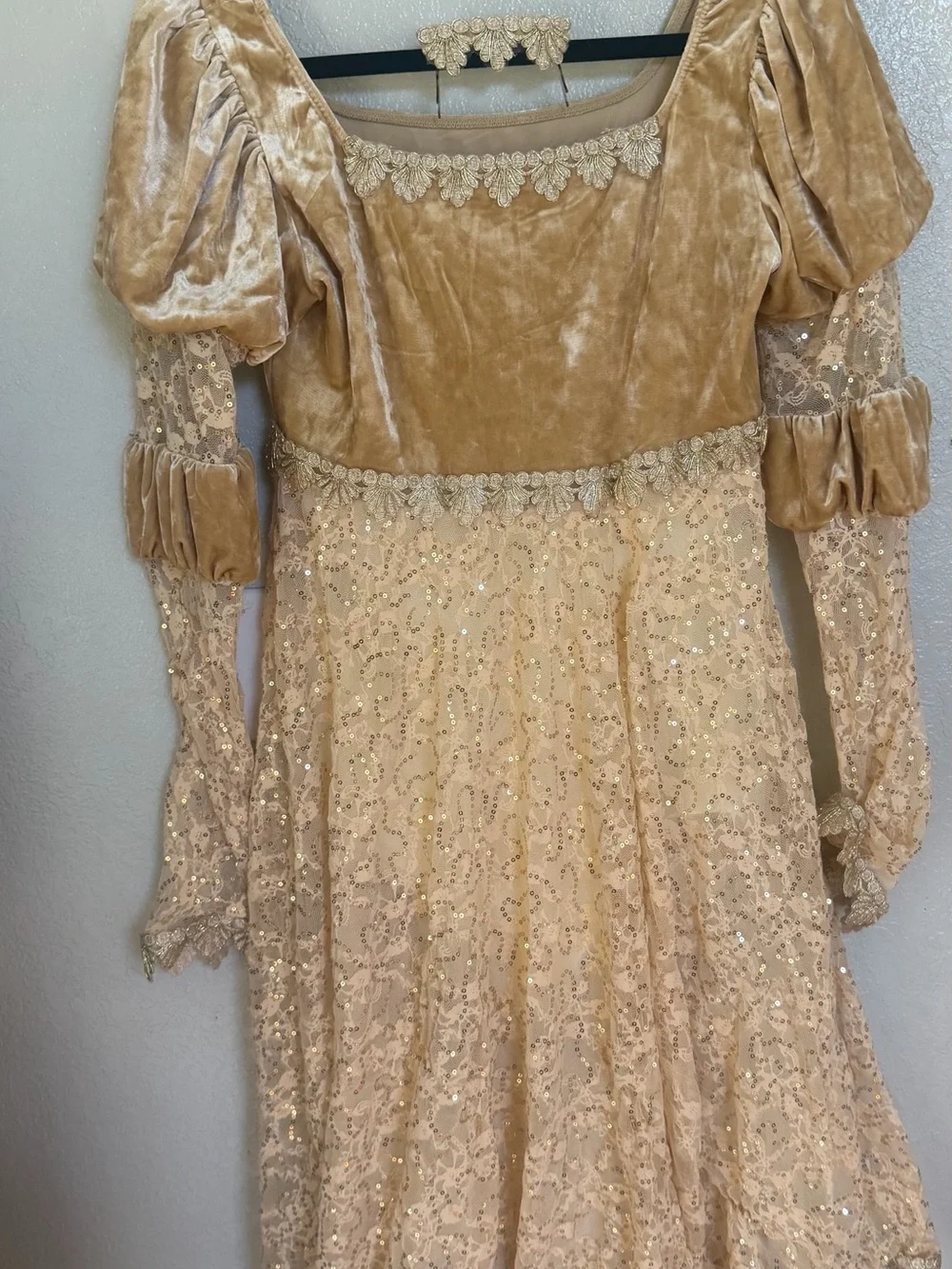 Girls Cream Velvet & Lace Sequin Party Dress
